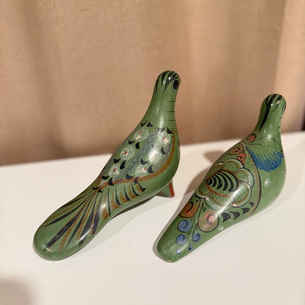 Tonala Mexican Folk Art Pottery Bird Figurines Hand Painted Green Set of 2